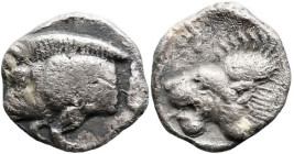 Greek
MYSIA. Kyzikos (Circa 450-400 BC)
AR Hemiobol (7.5mm 0.37g)
Obv: Forepart of boar left; to right, tunny.
Rev: Head of roaring lion left, ret...