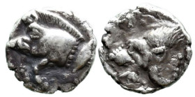 Greek
MYSIA. Kyzikos (Circa 450-400 BC)
AR Hemiobol (7mm 0.38g)
Obv: Forepart of boar left; tunny to right.
Rev: Head of roaring lion left; retrog...