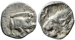 Greek
MYSIA. Kyzikos. (450-400 BC).
AR Hemiobol (7.1mm 0.34g)
Obv: Forepart of boar right, tunny behind.
Rev: Head of lion left; retrograde K to u...