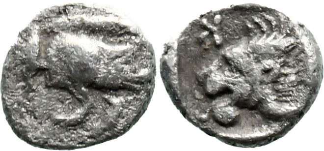 Greek
MYSIA. Kyzikos. (450-400 BC).
AR Hemiobol (6.6mm 0.28g)
Obv: Forepart o...