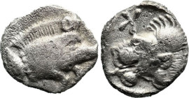 Greek
MYSIA. Kyzikos. (450-400 BC).
AR Hemiobol (7.2mm 0.31g)
Obv: Forepart of boar right, tunny behind.
Rev: Head of lion left; retrograde K to u...