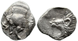 Greek
MYSIA. Kyzikos (Circa 450-400 BC)
AR Hemiobol (8mm 0.35g)
Obv: Forepart of boar left; to right, tunny upward.
Rev: Head of roaring lion left...