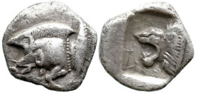 Greek
MYSIA. Kyzikos. (Circa 450-400 BC).
AR Hemiobol (7mm 0.27g)
Obv: Forepart of boar left; to right, tunny upward.
Rev: Head of roaring lion le...