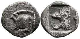 Greek
MYSIA. Kyzikos (Circa 450-400 BC)
AR Hemiobol (8mm 0.46g)
Obv: Forepart of boar left; to right, tunny upward.
Rev: Head of roaring lion left...