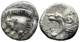 Greek
MYSIA. Kyzikos (Circa 450-400 BC)
AR Hemiobol (6.5mm 0.34g)
Obv: Forepart of boar left; behind, tunny upward
Rev: Head of roaring lion left ...