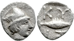 Greek
MYSIA. Kyzikos. (Circa 430 BC).
AR Hemiobol (6.7mm 0.27g)
Obv: Head of Hermes right, wearing winged petasos
Rev: KY - ZI, tunny right within...