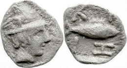 Greek
MYSIA. Kyzikos. (Circa 430 BC).
AR Hemiobol (6.2mm 0.25g)
Obv: Head of Hermes right, wearing winged petasos
Rev: KY - ZI, tunny right within...