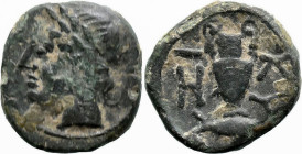 Greek
MYSIA. Kyzikos. (Circa 4th century BC)
AE Bronze (10.6mm 1.17g)
Obv: Laureate head of Apollo left.
Rev: KY ZI, amphora; below, tunny right....