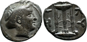 Greek
MYSIA. Kyzikos. (circa 350-300 BC)
AE Bronze (11.9mm 1.39g)
Obv: Head of Kore Soteira right, hair bound in sakkos
Rev: KY-ZI, tripod; below,...