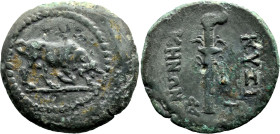 Greek
MYSIA. Kyzikos. (2nd-1st centuries BC).
AE Bronze (23.6mm 7.25g)
Obv: Bull butting right on ground line, within dotted circle.
Rev: KYZIKHNΩ...