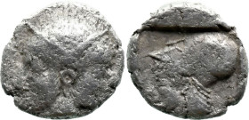 Greek
MYSIA. Lampsakos. (Circa 500-450 BC).
AR Diobol (9.8mm 1.19g)
Obv: Female janiform head.
Rev: Helmeted head of Athena left within incuse squ...