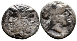 Greek
MYSIA. Lampsakos. (4th-3rd century BC)
AR Hemidrachm (11.5mm 1.8g)
Obv: Female janiform head
Rev: Helmeted head of Athena right, ΛΑΜ around....