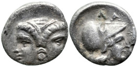 Greek
MYSIA. Lampsakos. (4th-3rd century BC).
AR Diobol (11mm 1.12g)
Obv: Female janiform head, with circular earring
Rev: ΛΑ-M Head of Athena to ...