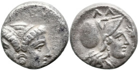 Greek
MYSIA. Lampsakos. (4th-3rd century BC).
AR Diobol (10.5mm 1.12g)
Obv: Female janiform head, with circular earring
Rev: ΛΑ-M Head of Athena t...