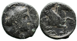 Greek
MYSIA. Lampsakos. (4th-3rd centuries BC)
AE Bronze (11mm 1.36g)
Obv: Female head right /
Rev: Forepart of Pegasos right; bow below.
BMC 53-...