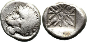 Greek
IONIA. Miletos. (Late 6th-early 5th centuries BC).
AR Diobol (9.5mm 1.11g)
Obv: Forepart of lion right, head left.
Rev: Stellate floral desi...