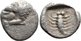 Greek
CARIA. Mylasa. (Circa 450-400 BC).
AR Obol (7.9mm 0.54g)
Obv: Facing forepart of lion.
Rev: Scorpion within incuse square.
SNG Kayhan I 934...
