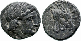 Greek
LESBOS. Mytilene. (Circa 400-350 BC).
AE Bronze (8.5mm 0.59g)
Obv: Laureate head of Apollo right
Head of bull right, MYTI above, kerykeion (...