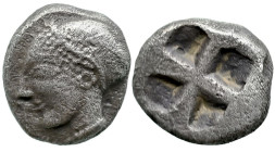 Greek
IONIA. Phokaia. (Circa 521-478 BC).
AR Diobol (9mm 1.1g)
Obv: Archaic female head left, wearing earring and helmet or close fitting cap.
Rev...