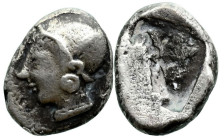 Greek
IONIA. Phokaia. (Circa 521-478 BC).
AR Diobol (10mm 1.14)
Obv: Archaic female head left, wearing earring and helmet or close fitting cap.
Re...