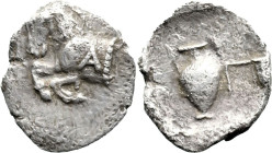 Greek
MYSIA. Prokonnesos. (circa 400-280 BC).
AR Obol (10.5mm 0.5g)
Obv: Forepart of horse right, A on shoulder; grape bunch to right
Rev: Oinocho...