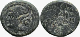 Greek
THRACE. Sestos. (Circa 150 BC).
AE Bronze (19.6mm 7.85g)
Obv: Female head to left, wearing sakkos
Rev: Demeter seated to left on cista mysti...