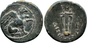 Greek
IONIA. Teos. (Circa 4th-3rd centuries BC)
AE Bronze (13.8mm 2.13g)
Obv: Griffin seated right, left forepaw raised.
Rev: THI / Lyre; ΔHMΩNA(....