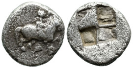 Greek
THRACO-MACEDONIAN REGION. Uncertain. (Early 5th Century BC).
AR Diobol (10.4mm 1.14g)
Obv: Horseman right, astraglos (?) below
Rev: Quadripa...