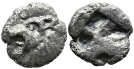 Greek
THRACO-MACEDONIAN REGION (?). Uncertain mint. (Circa 500-450 BC).
AR Hemiobol (7mm 0.32g)
Obv: Roaring head of lion to left
Rev: Quadriparti...