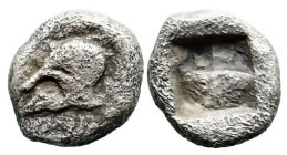Greek
IONIA. Uncertain. (5th century BC).
AR Tetartemorion (5.2mm 0.16g)
Obv: Corinthian helmet to left
Rev: Quadripartite incuse square.
Nomos o...