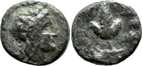 Greek
ASIA MINOR. Uncertain. (4th-3rd centuries BC).
AE Bronze (12.3mm 1.81g)
Obv: Laureate head of Apollo right.
Rev: Grape bunch on vine; uncert...