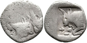 Greek
CARIA. Uncertain. (5th century BC).
AR Diobol (13.3mm 2.06g)
Obv: Confronted foreparts of two bulls.
Rev: Forepart of bull left within incus...