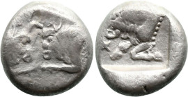 Greek
CARIA. Uncertain. (5th century BC).
AR Diobol (105mm 2.17g)
Obv: Confronted foreparts of two bulls.
Rev: Forepart of bull left within incuse...