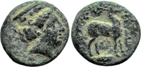 Greek
TROAS. Zeleia. (4th century BC)
AE Bronze (12.8mm 1.83g)
Obv: Head of Artemis right, wearing stephane.
Rev: Stag standing right; below, grai...