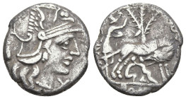 Roman Republican
Sex. Pompeius Fostlus (137 BC). Rome
AR Denarius (24mm 3.78g)
Obv: Head of Roma to right, wearing crested and winged helmet; behin...