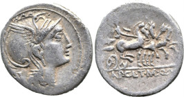 Roman Republican
T. Mallius Mancinus, Ap. ClaudiusPulcher, and Q. Urbinius (111-110 BC). Rome.
AR Denarius (18.5mm 3.8g)
Obv: Head of Roma right, w...