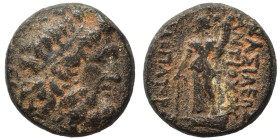 SELEUKID KINGS of SYRIA. Antiochos IX Eusebes Philopator (Cyzicenos), 114-95 BC. Ae (bronze, 4.00 g, 15 mm), Uncertain mint. Filleted head of Zeus rig...