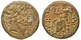 SYRIA, Seleucis and Pieria. Antioch, 1st century BC. Ae (bronze, 7.81 g, 19 mm). Laureate head of Zeus right. Rev. ANTIOXΕΩN THΣ / MHTPOΠOΛEΩΣ Zeus Ni...