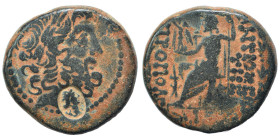 SYRIA, Seleucis and Pieria. Antioch, 1st century BC. Ae (bronze, 13.25 g, 24 mm). Laureate head of Zeus right; c/m. Rev. Zeus Nikephoros seated left. ...