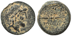 SYRIA, Seleukis and Pieria. Seleukeia Pieria, 2nd century BC. Ae (bronze, 7.53 g, 21 mm). Laureate head of Zeus right. Rev. Winged thunderbolt; monogr...