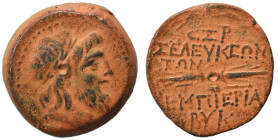 SYRIA, Seleukis and Pieria. Seleukeia Pieria, 2nd century BC. Ae (bronze, 9.22 g, 21 mm). Laureate head of Zeus right. Rev. Winged thunderbolt; monogr...