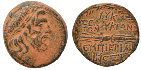 SYRIA, Seleukis and Pieria. Seleukeia Pieria, 2nd century BC. Ae (bronze, 9.16 g, 20 mm). Laureate head of Zeus right. Rev. Winged thunderbolt; monogr...