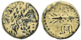 SYRIA, Seleucis and Pieria. Seleucia Pieria. Ae (bronze, 4.95 g, 15 mm). Laureate head of Zeus right. Rev. ΣEΛEYKEΩN Thunderbolt; monogram within circ...