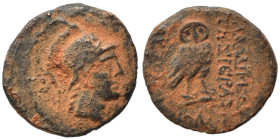SYRIA, Seleucis and Pieria. Laodicea ad Mare. 1st century BC. Ae (bronze, 1.22 g, 12 mm). Helmeted head of Athena right. Rev. ΛAOΔIKEΩN THΣ IEPAΣ KAI ...
