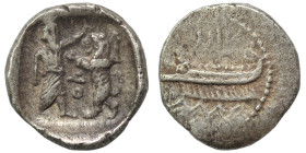 PHOENICIA. Sidon. Ba'alšillem II, circa 401-366 BC. 1/16 Shekel (silver, 0.78 g, 10 mm). Phoenician galley left, waves below. Rev. Persian king or her...