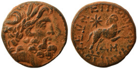 SYRIA, Seleucis and Pieria. Antioch. Pseudo-autonomous issue, time of Augustus, 27 BC-14 AD. Ae (bronze, 7.23 g, 18 mm), 13/14 AD. Laureate head of Ze...