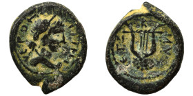 SYRIA, Seleucis and Pieria. Antioch. Pseudo-autonomous issue. Ae (bronze, 1.95 g, 16 mm). Laureate and draped bust of Apollo right. Rev. Lyre. Very fi...