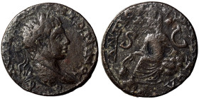 SYRIA, Seleucis and Pieria. Antioch. Elagabalus, 218-222. Ae (bronze, 10.90 g, 24 mm). Laureate head right. Rev. Tyche seated left on rock, holding co...