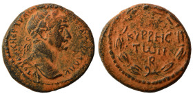 SYRIA, Cyrrhestica. Cyrrhus. Trajan, 98-117. Ae (bronze, 11.62 g, 26 mm). Laureate head right. Rev. ΚΥΡΡΗC / ΤWΝ / B in three lines; all within wreath...