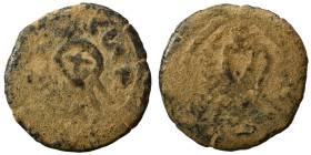 JUDAEA. Jerusalem. Herodians. Herod I (the Great), 40-4 BC. Two Prutot (bronze, 2.89 g, 18 mm). BACIΛEΩ-C HPΩΔOY cross within closed diadem. Rev. Trip...